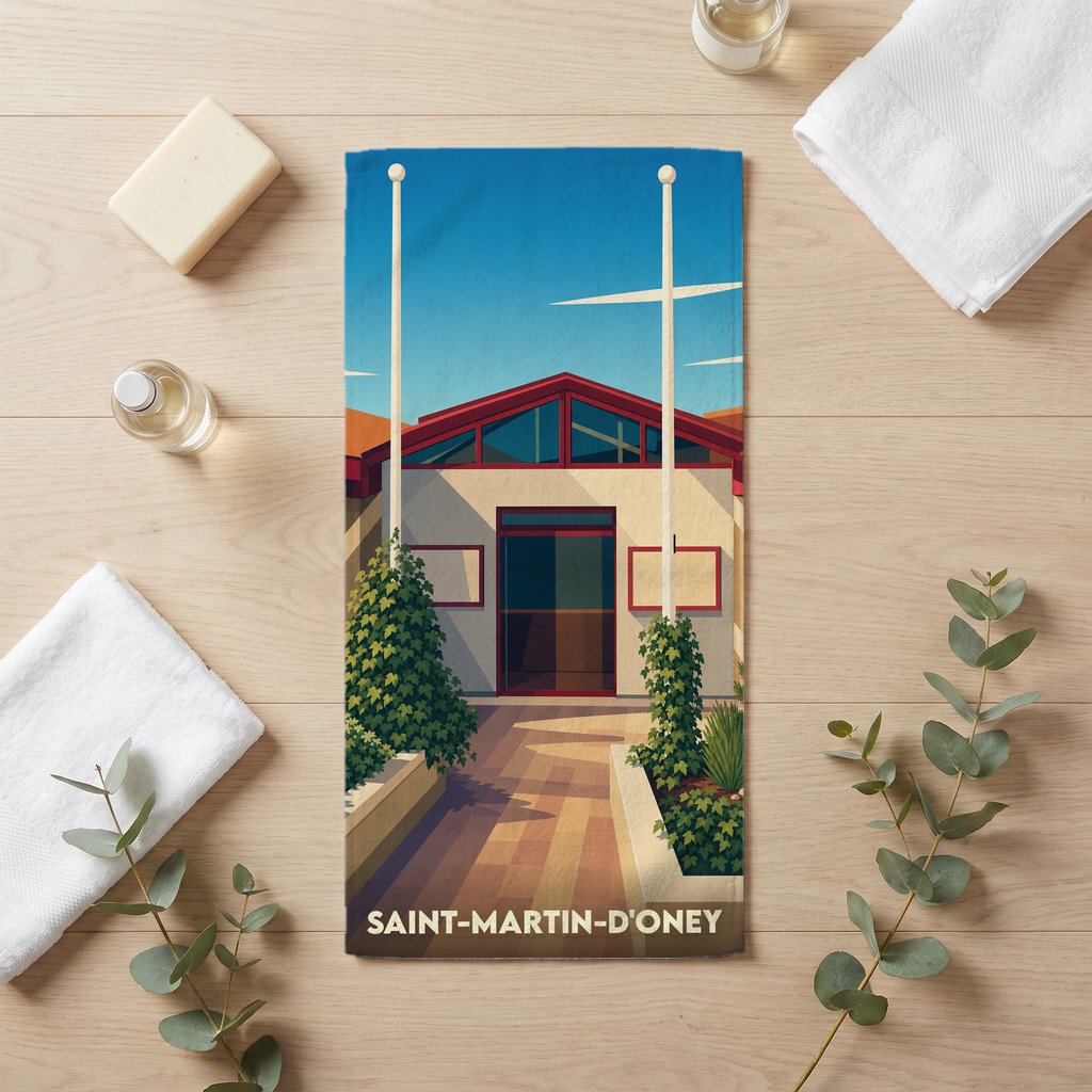 Serviette de bain souvenir de la ville de Saint-Martin-d'Oney avec une illustration stylisée d'un bâtiment local.