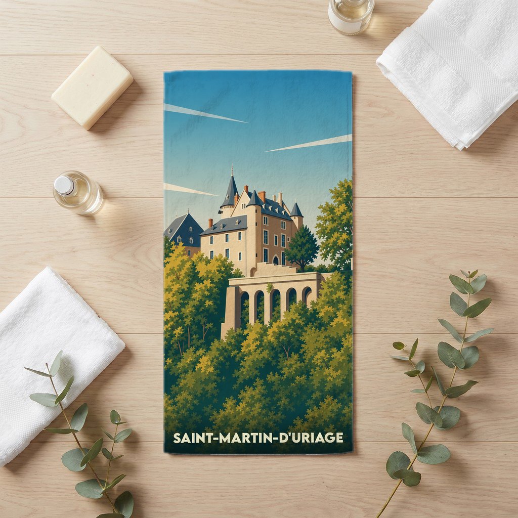 Serviette de bain souvenir de la ville de Saint-Martin-d'Uriage avec une illustration stylisée de son château.
