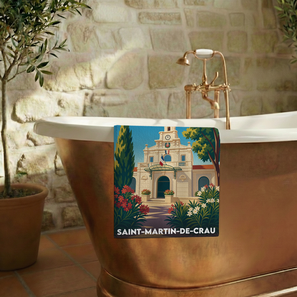 Serviette de bain souvenir de la ville de Saint-Martin-de-Crau avec une illustration stylisée.