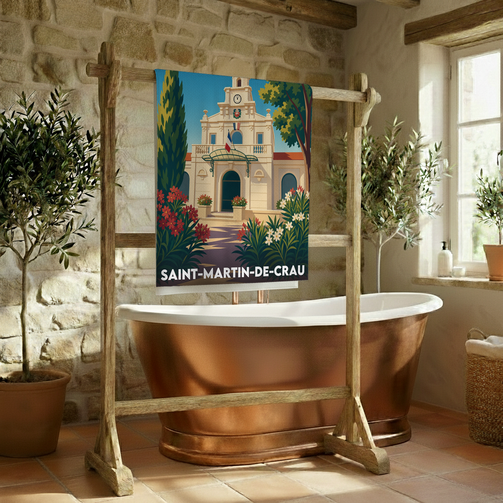 Serviette de bain souvenir de la ville de Saint-Martin-de-Crau avec une illustration stylisée.