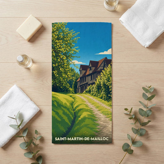 Serviette de bain souvenir de la ville de Saint-Martin-de-Mailloc avec une illustration stylisée.