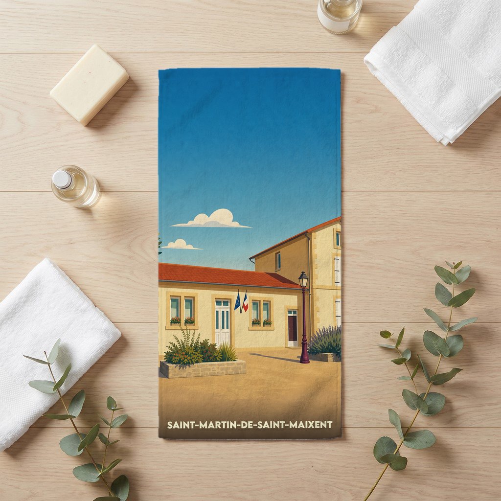Serviette de bain souvenir de Saint-Martin-de-Saint-Maixent avec une illustration stylisée de la mairie.