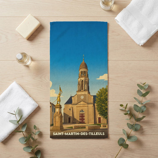 Serviette de bain souvenir de Saint-Martin-des-Tilleuls avec une illustration stylisée de son église et d'une statue.