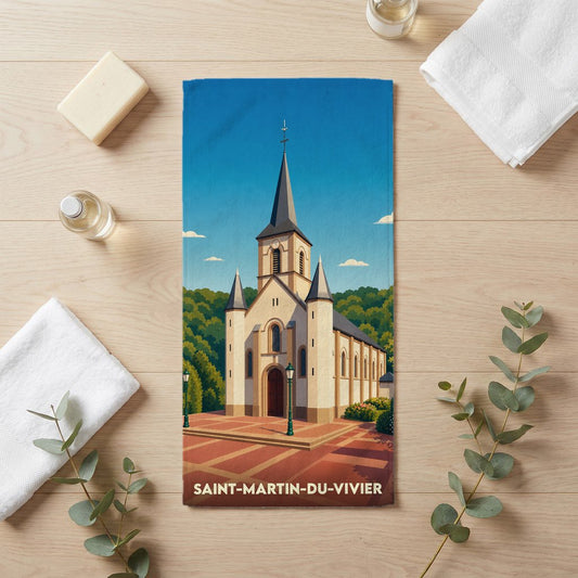 Serviette de bain souvenir de la ville de Saint-Martin-du-Vivier avec une illustration stylisée de son église.