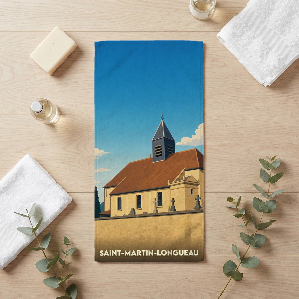 Serviette de bain souvenir de Saint-Martin-Longueau illustrée d'une église sous un ciel bleu.