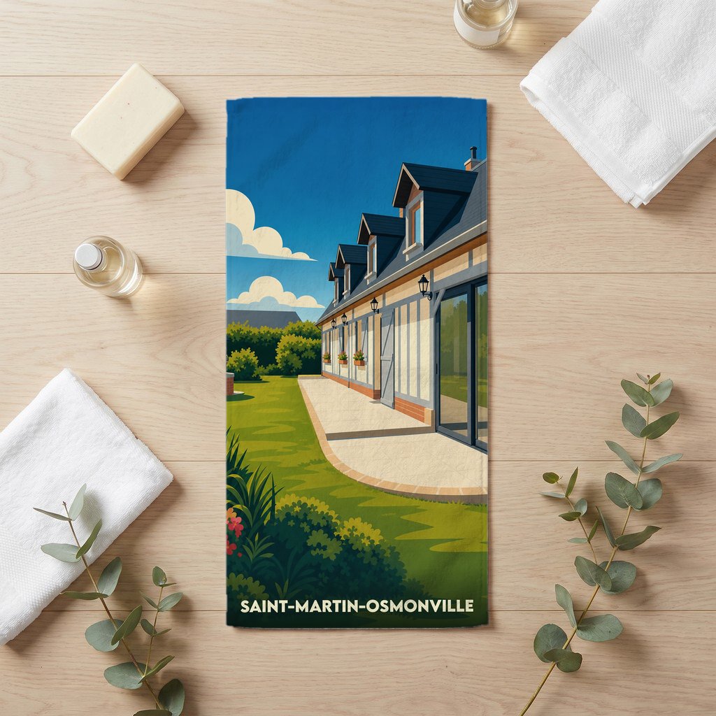 Serviette de bain souvenir de la ville de Saint-Martin-Osmonville avec une illustration stylisée d'une maison traditionnelle normande.