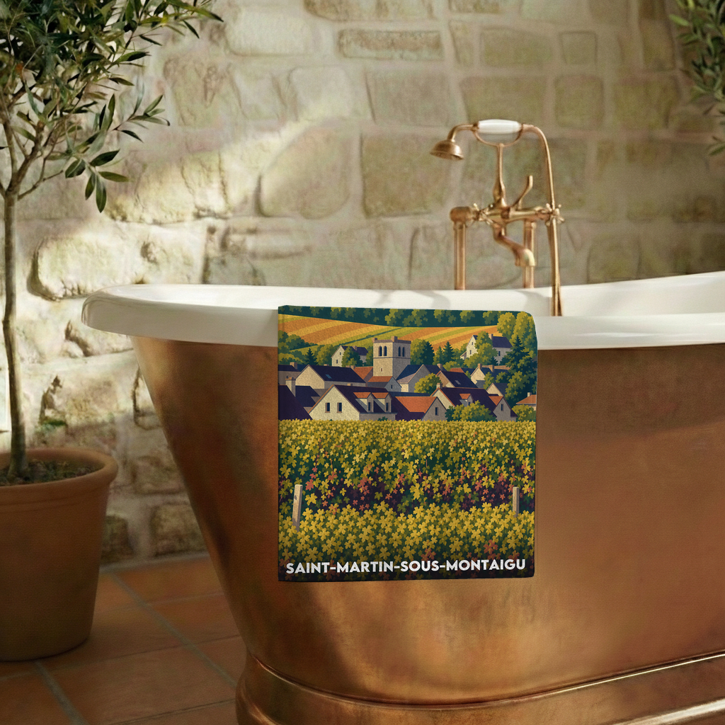 Serviette de bain souvenir de la ville de Saint-Martin-sous-Montaigu avec une illustration stylisée.