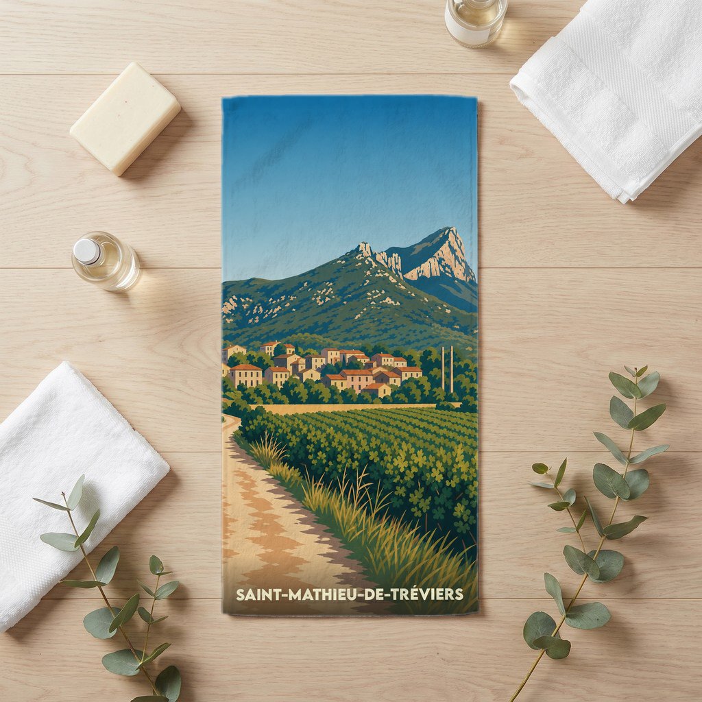 Serviette de bain souvenir de la ville de Saint-Mathieu-de-Tréviers avec une illustration stylisée du Pic Saint-Loup.