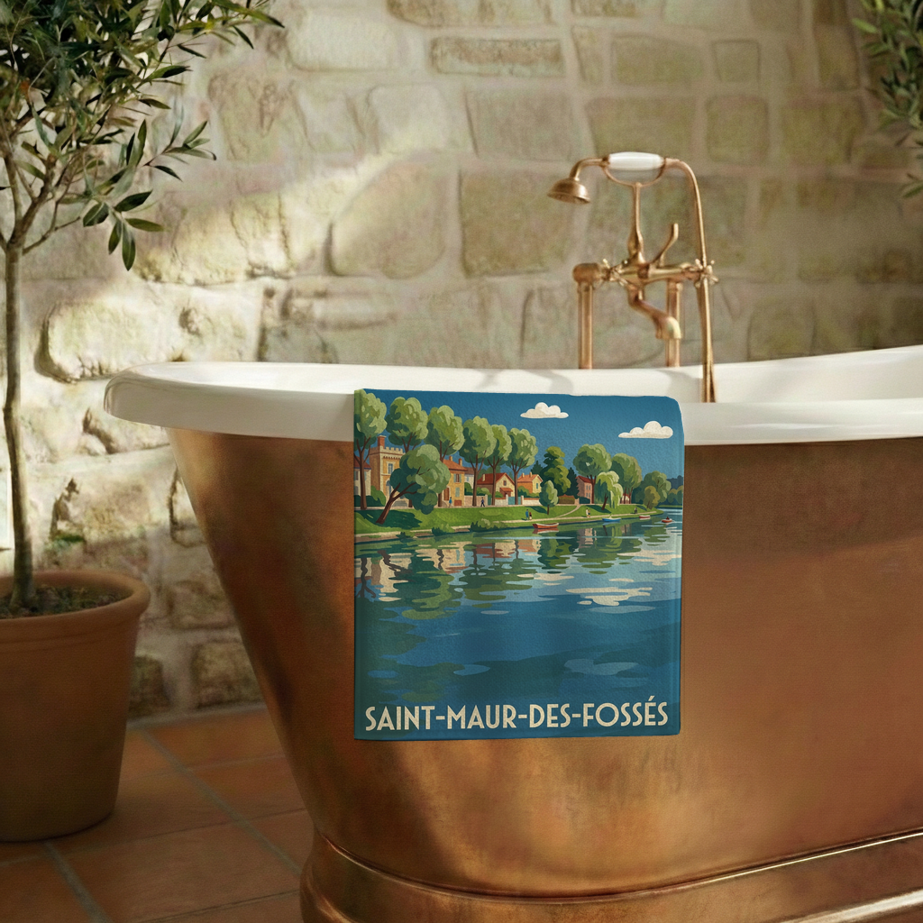 Serviette souvenir de la ville de Saint-Maur-des-Fossés avec une illustration stylisée.