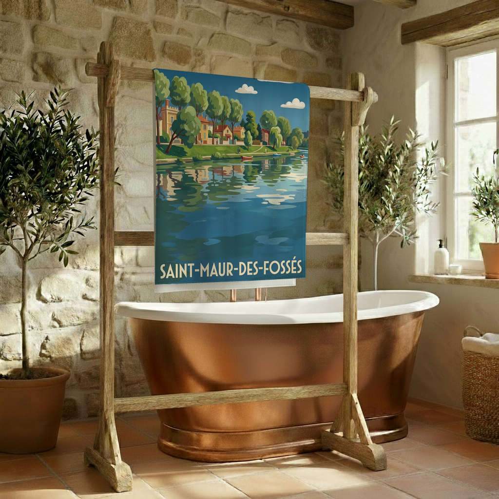 Serviette de bain souvenir de la ville de Saint-Maur-des-Fossés avec une illustration stylisée.