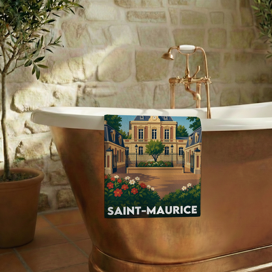 Serviette de bain souvenir de la ville de Saint-Maurice avec une illustration stylisée d'un bâtiment historique.
