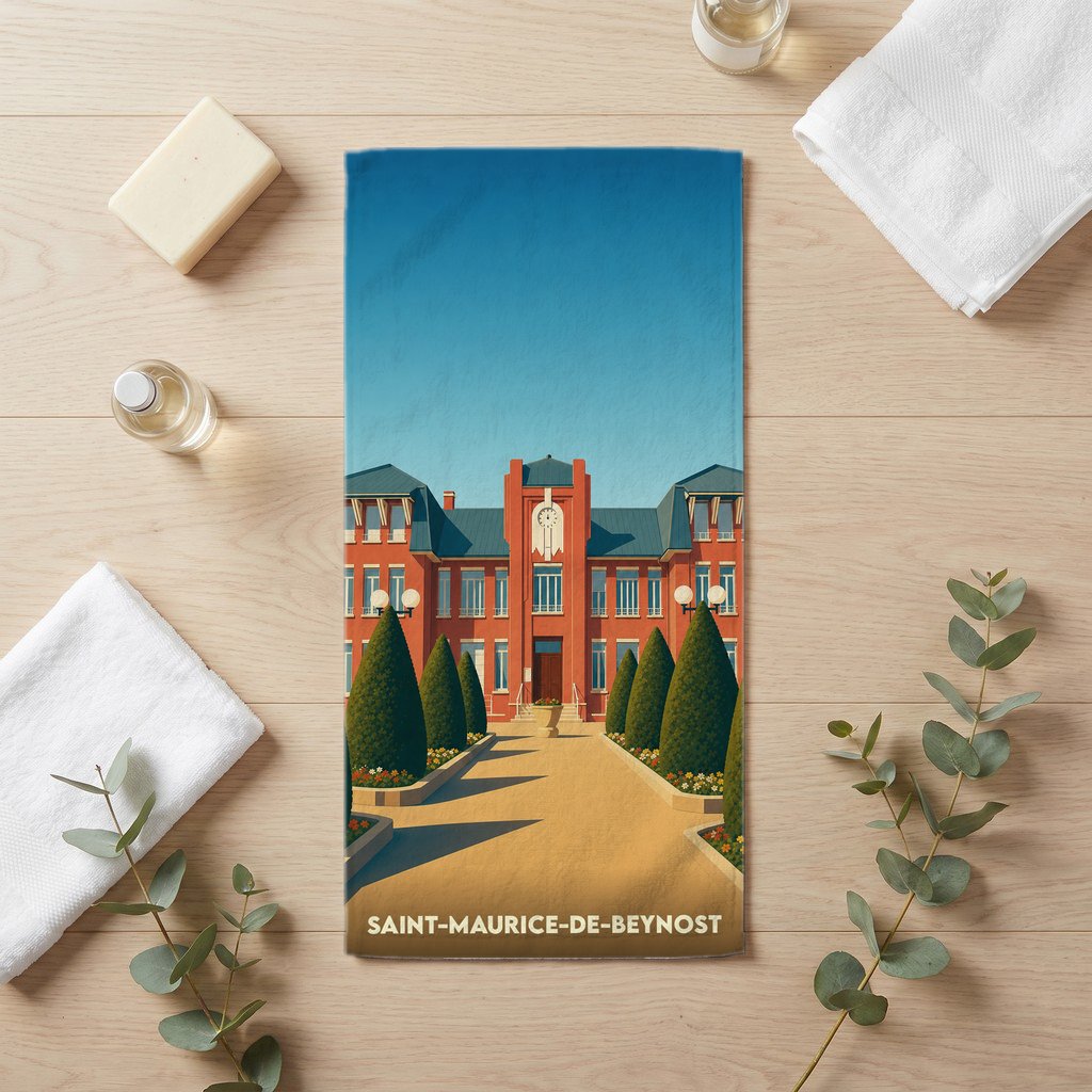 Serviette de bain souvenir de la ville de Saint-Maurice-de-Beynost avec une illustration stylisée de son hôtel de ville.