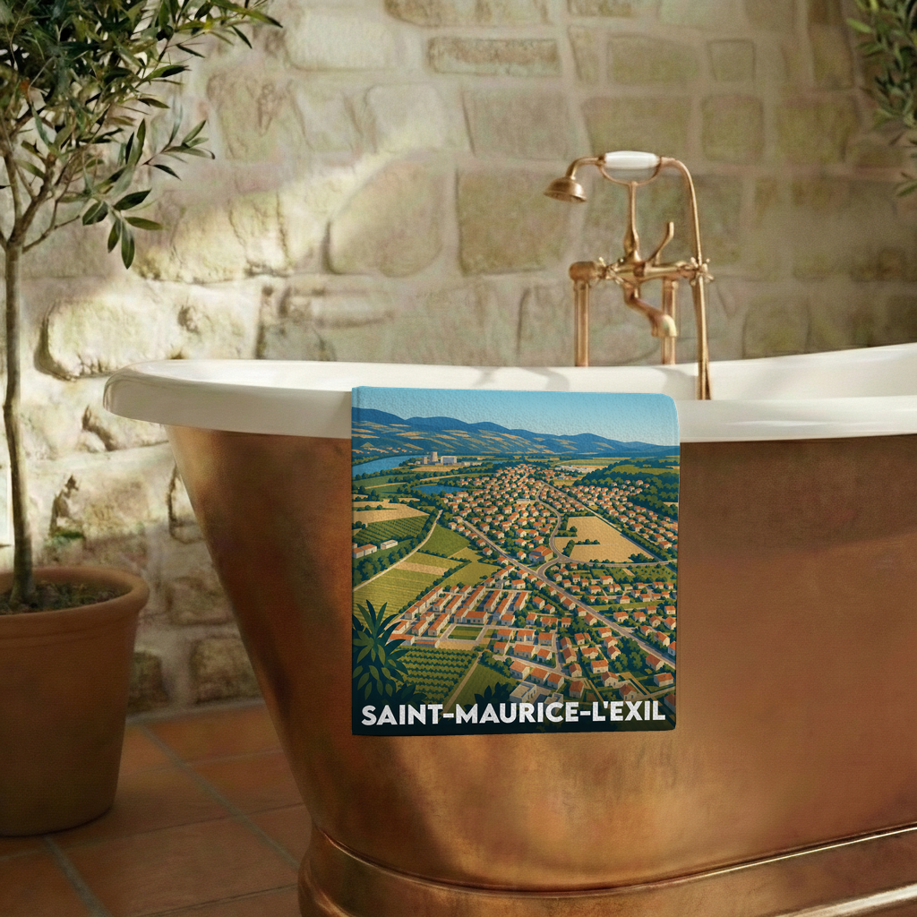 Serviette de bain souvenir de la ville de Saint-Maurice-l'Exil avec une illustration stylisée vue du ciel.