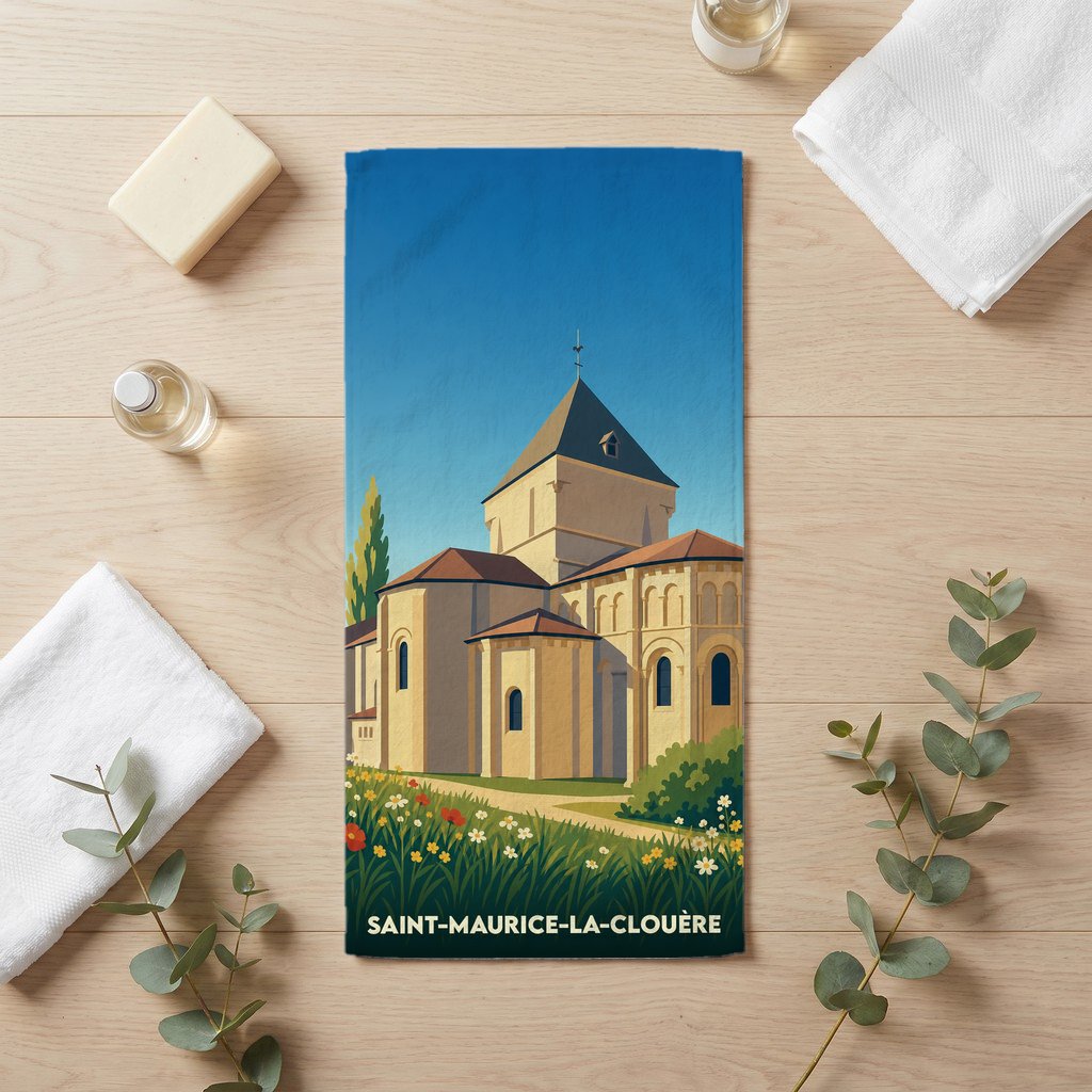 Serviette de bain souvenir de la ville de Saint-Maurice-la-Clouère avec une illustration stylisée de son église romane.