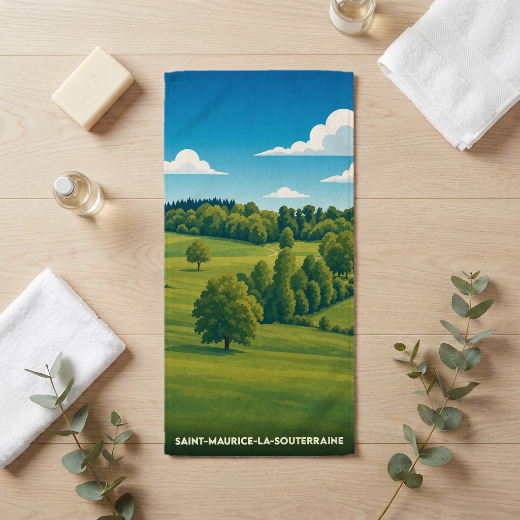 Serviette de bain souvenir de Saint-Maurice-la-Souterraine avec une illustration de paysages vallonnés et boisés.