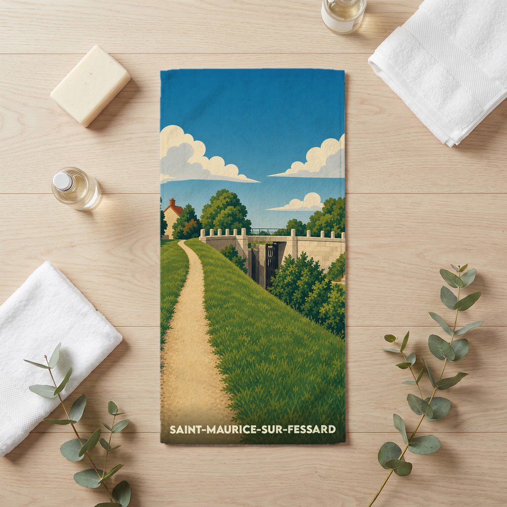 Serviette de bain souvenir de la ville de Saint-Maurice-sur-Fessard avec une illustration stylisée.