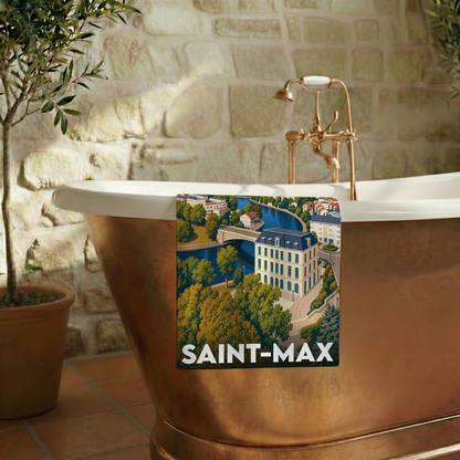 Serviette de bain souvenir de la ville de Saint-Max avec une illustration stylisée.