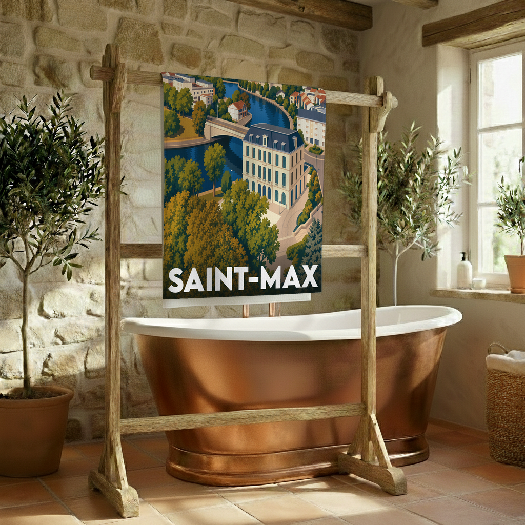 Serviette de bain souvenir de la ville de Saint-Max avec une illustration stylisée.