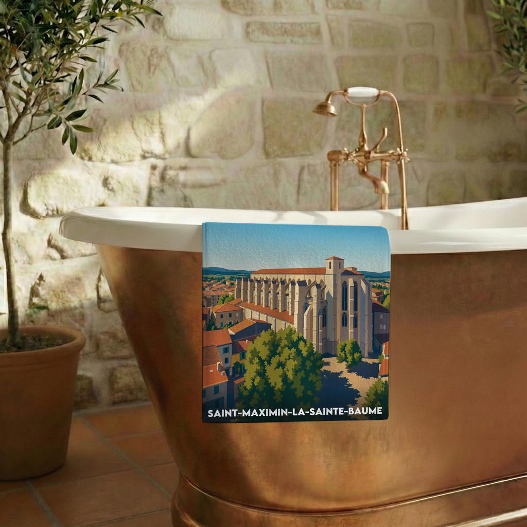 Serviette de bain souvenir de la ville de Saint-Maximin-la-Sainte-Baume avec une illustration stylisée.