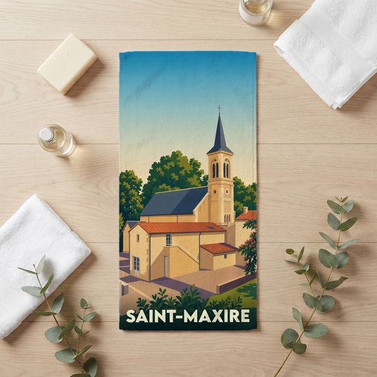 Serviette de bain souvenir de la ville de Saint-Maxire avec une illustration stylisée de son église.