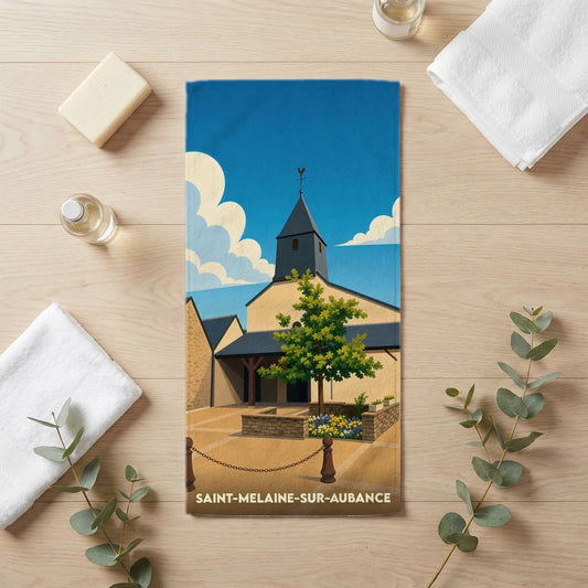 Serviette de bain souvenir de la ville de Saint-Melaine-sur-Aubance avec une illustration stylisée.