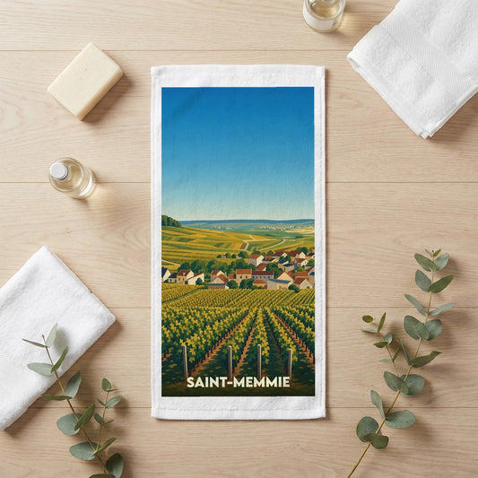Serviette de bain souvenir de la ville de Saint-Memmie illustrée d'un paysage de vignobles stylisé.