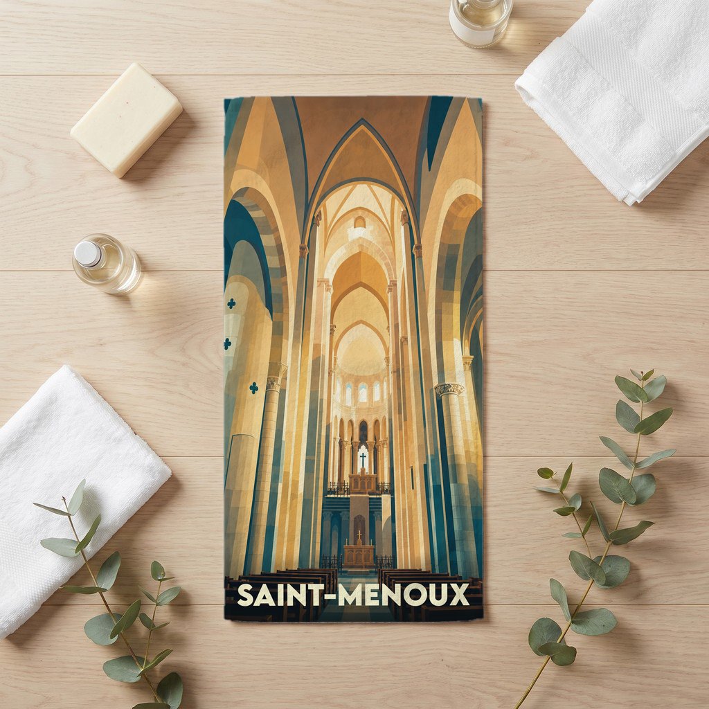 Serviette de bain souvenir de la ville de Saint-Menoux illustrant l'intérieur d'une église de style gothique.