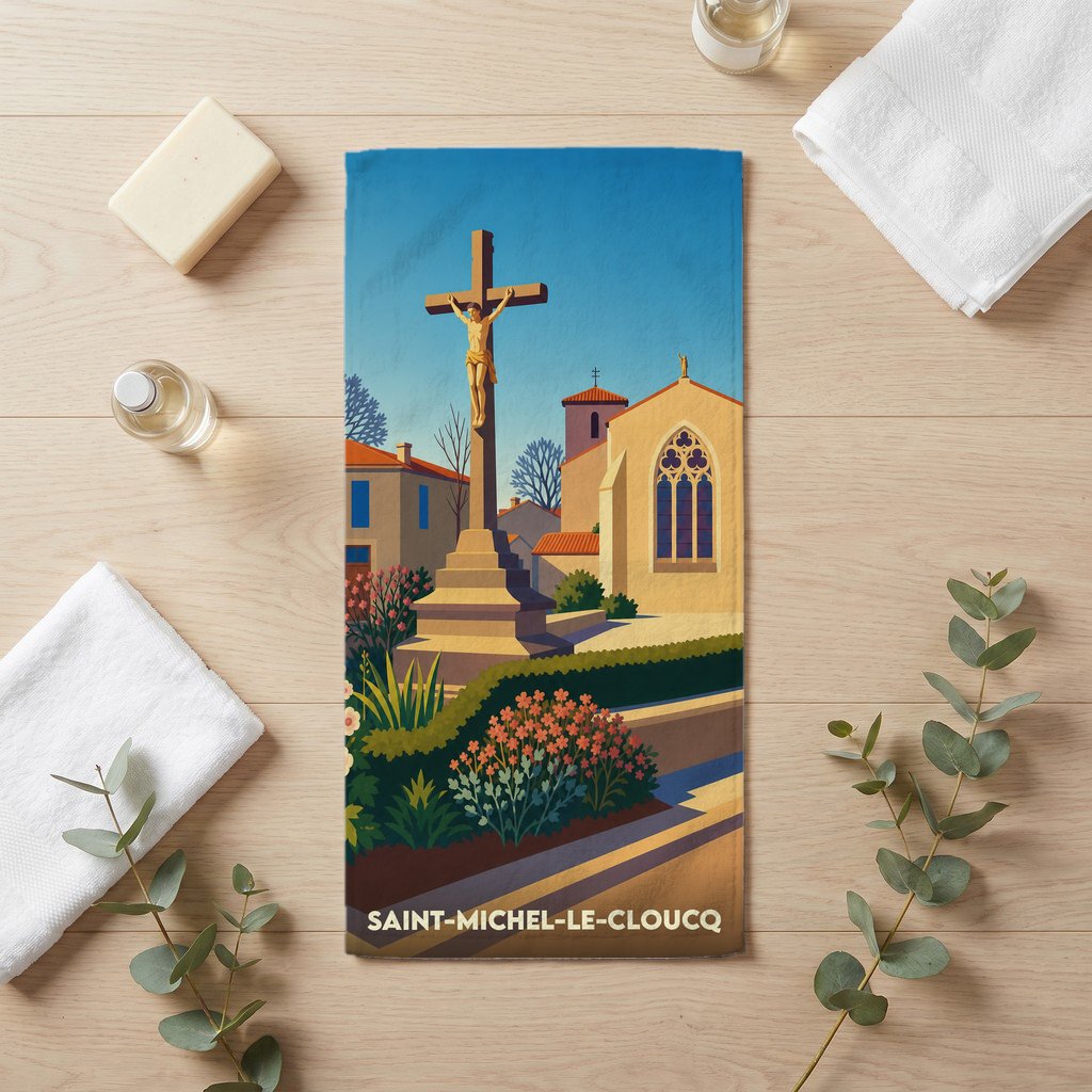 Serviette de bain souvenir de Saint-Michel-le-Cloucq illustrée d'un calvaire et d'une église dans un style vintage.