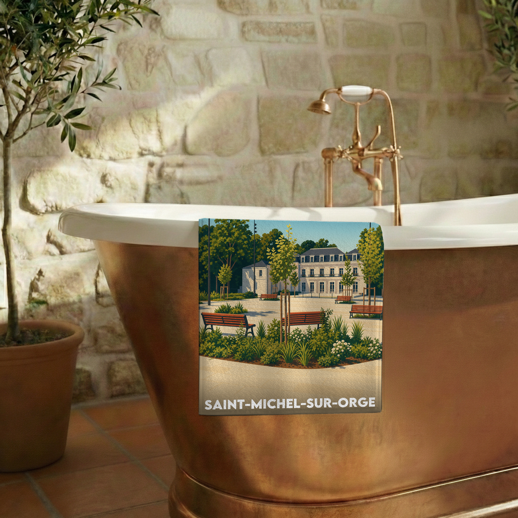 Serviette de bain souvenir de Saint-Michel-sur-Orge avec une illustration stylisée d'un parc de la ville.