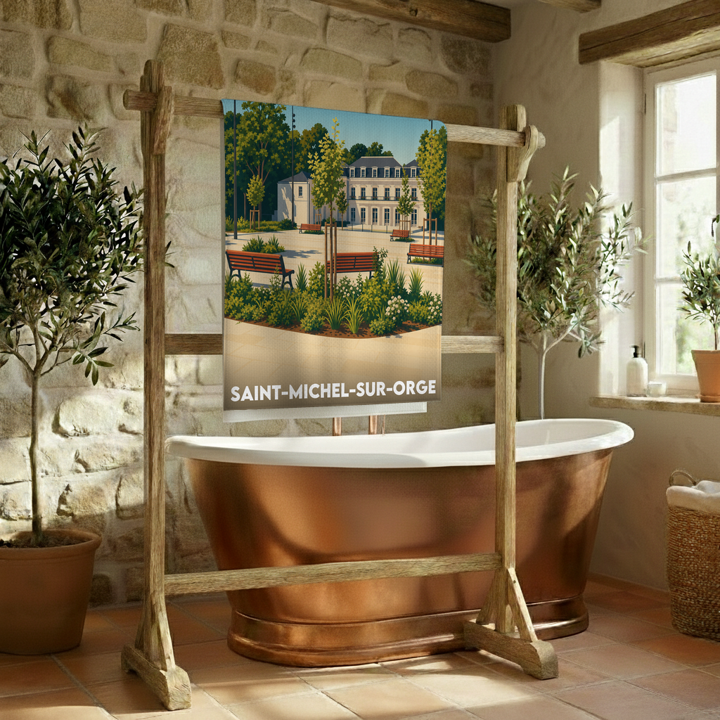 Serviette de bain souvenir de la ville de Saint-Michel-sur-Orge avec une illustration stylisée d'un parc et d'un bâtiment classique.