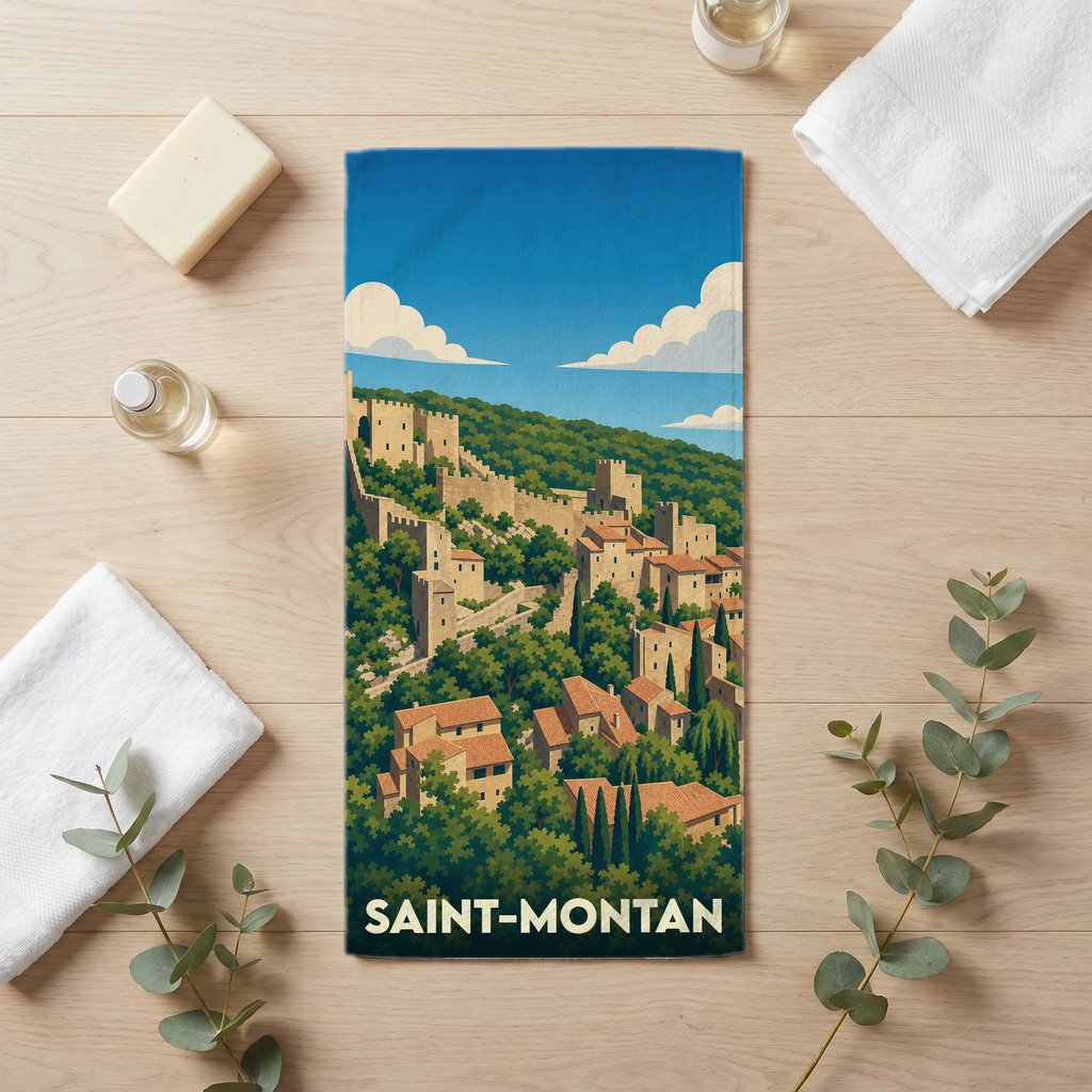 Serviette de bain souvenir de la ville de Saint-Montan avec une illustration stylisée d'un village médiéval.
