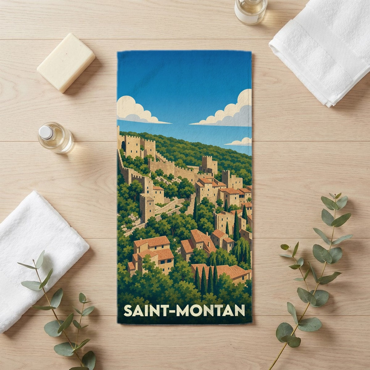 Serviette de bain 30 cm x 60 cm souvenir de Saint-Montan