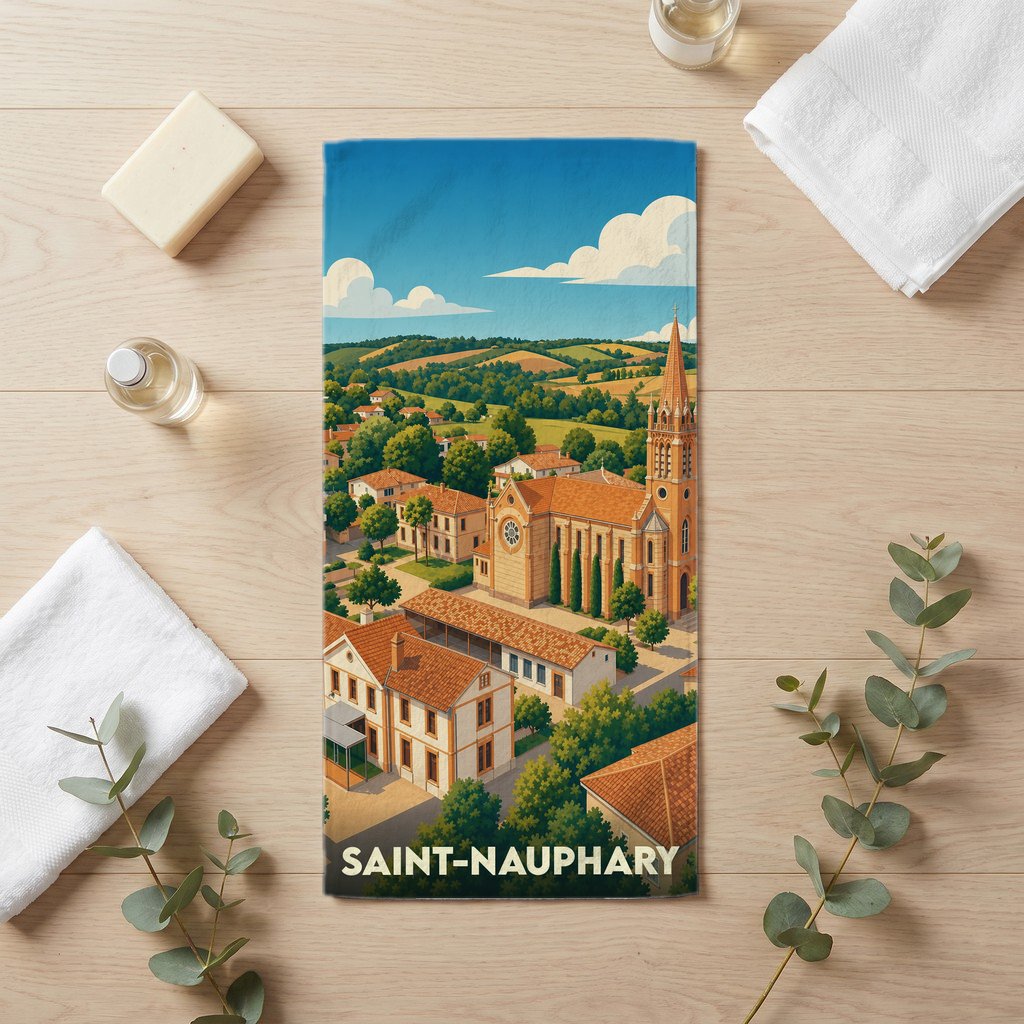 Serviette de bain souvenir de la ville de Saint-Nauphary avec une illustration stylisée d'un village occitan.