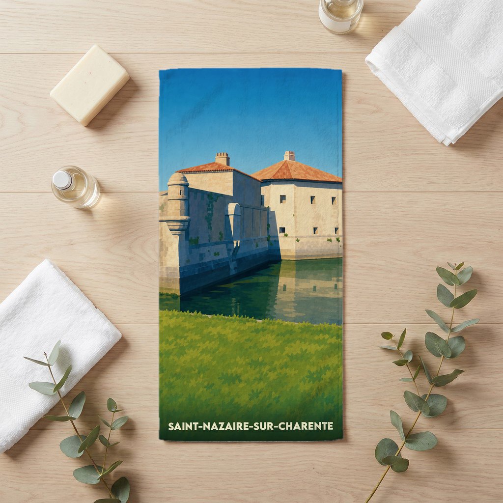 Serviette de bain souvenir de Saint-Nazaire-sur-Charente avec une illustration stylisée du fort de la ville au bord de l'eau.