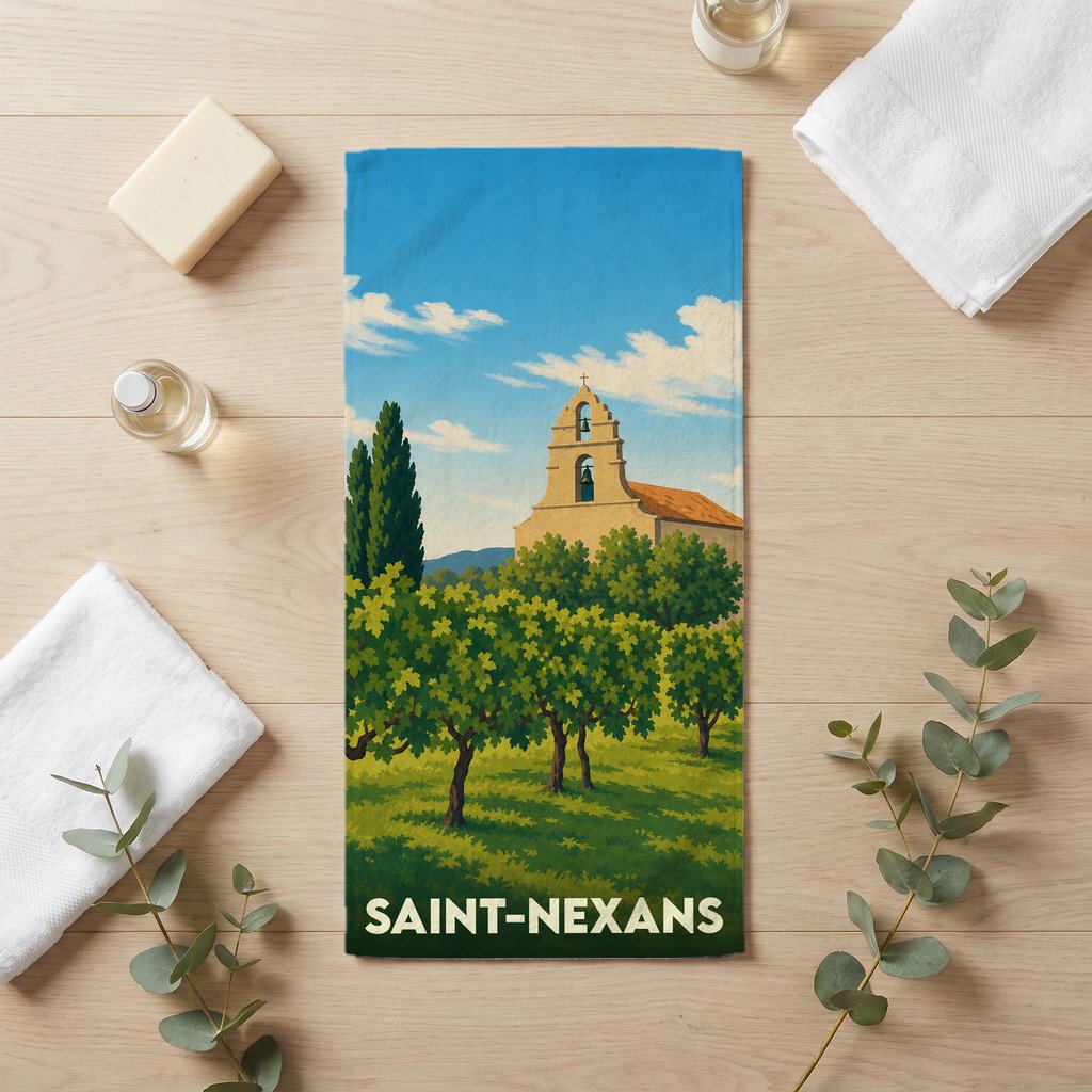 Serviette de bain souvenir de Saint-Nexans avec une illustration stylisée d'un clocher et de vignobles.