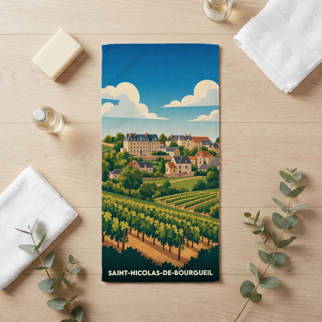 Serviette de bain souvenir de Saint-Nicolas-de-Bourgueil illustrée d'un paysage de vignobles et de maisons de village.