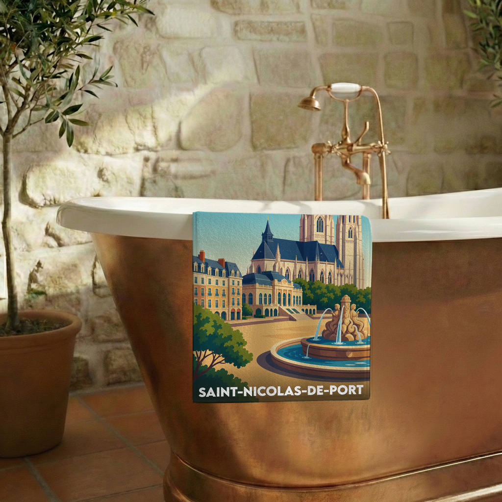 Serviette de bain souvenir de la ville de Saint-Nicolas-de-Port avec une illustration stylisée.