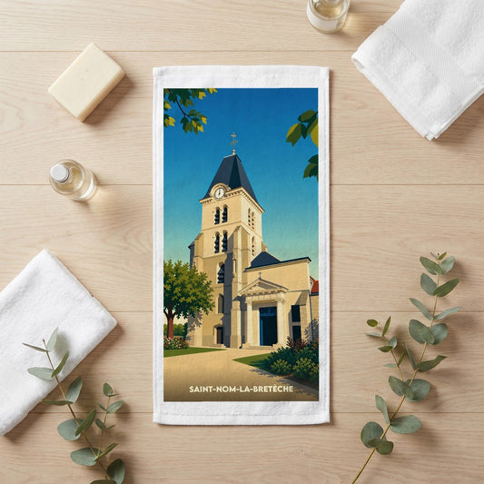 Serviette de bain souvenir de la ville de Saint-Nom-la-Bretèche avec une illustration stylisée de son église.