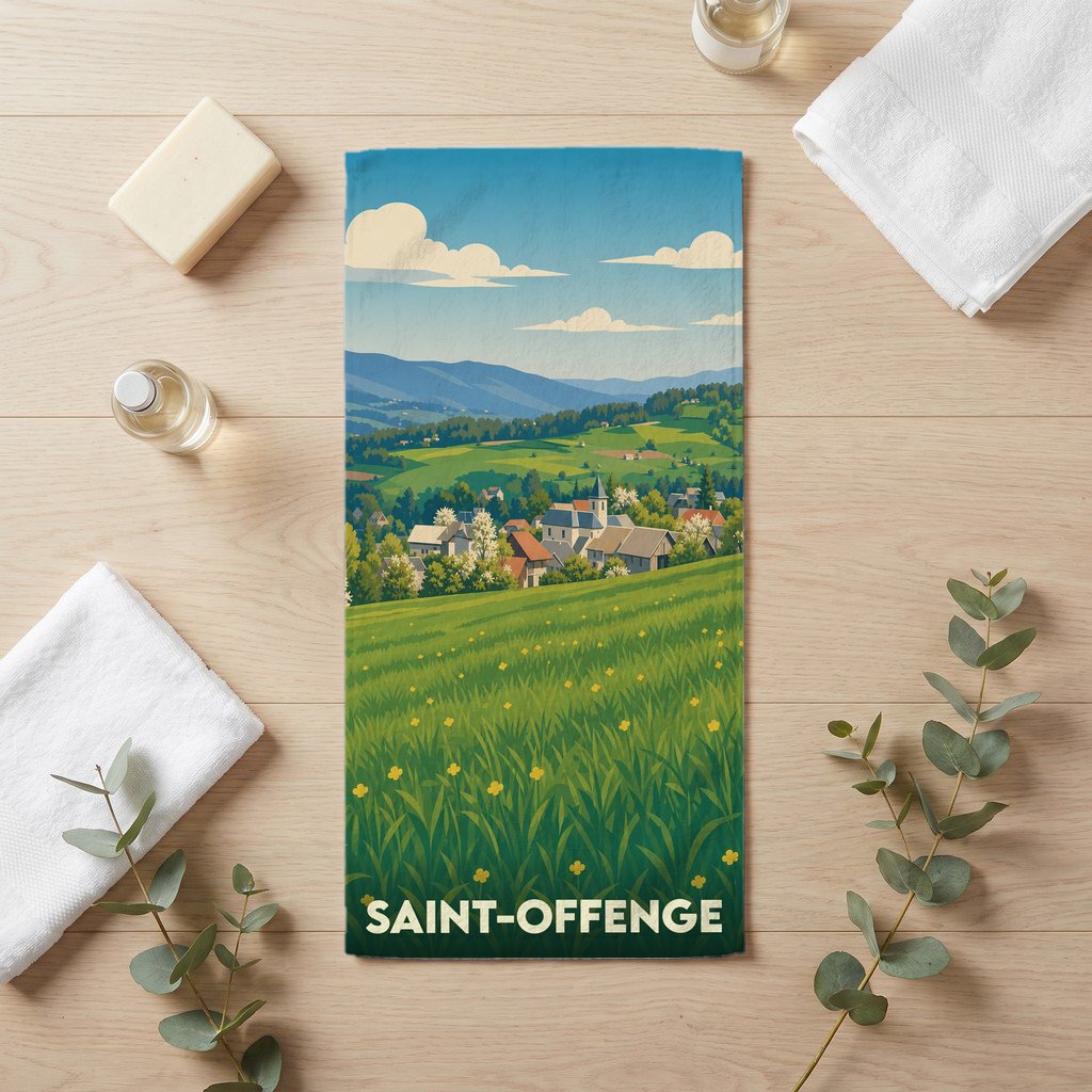 Serviette de bain souvenir de la ville de Saint-Offenge avec une illustration de paysage champêtre stylisé.