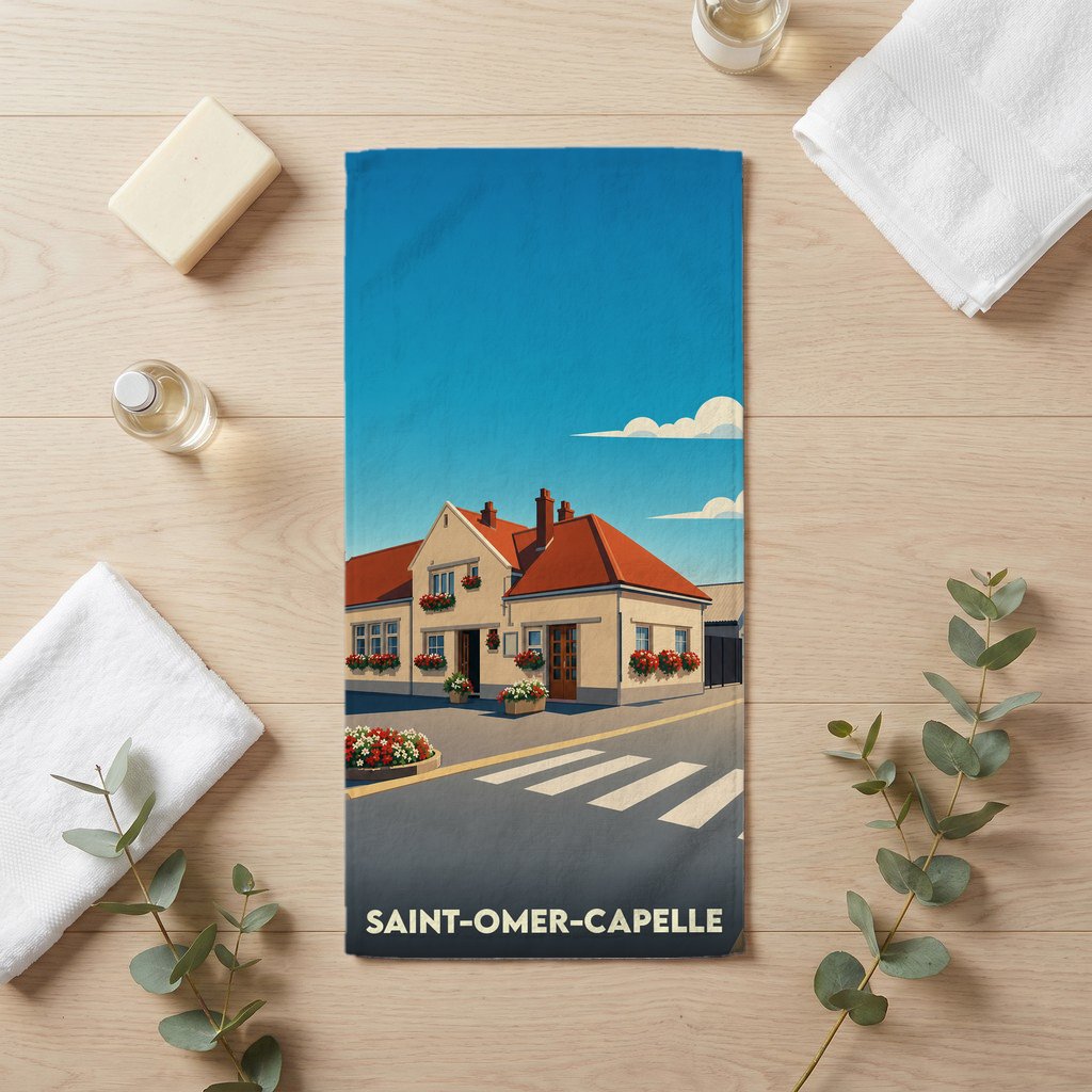 Serviette de bain souvenir de la ville de Saint-Omer-Capelle avec une illustration stylisée.
