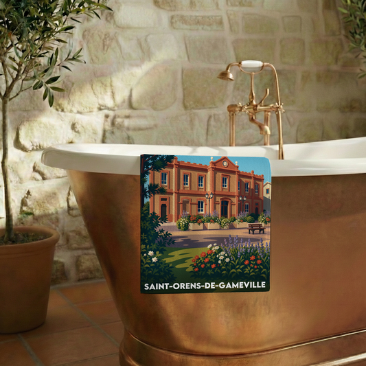 Serviette de bain souvenir de la ville de Saint-Orens-de-Gameville avec une illustration stylisée.