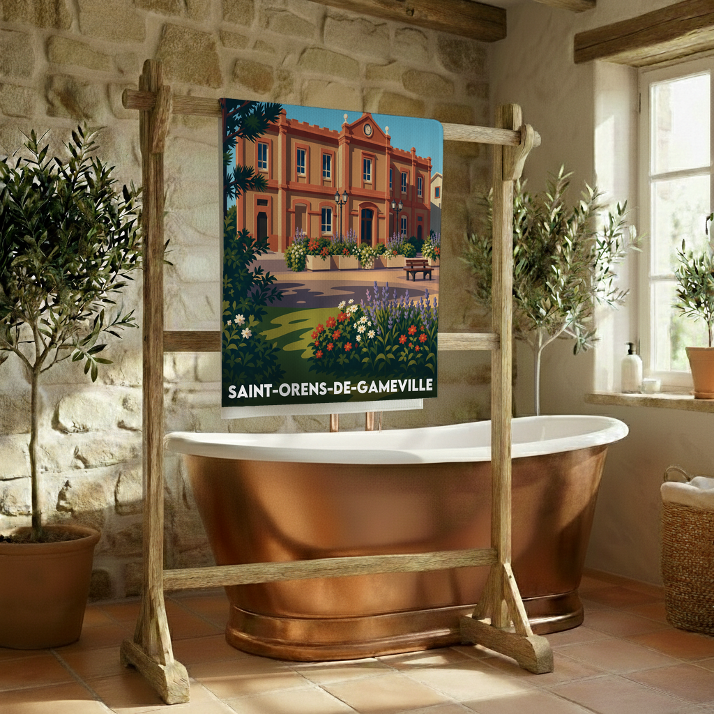 Serviette de bain souvenir de la ville de Saint-Orens-de-Gameville avec une illustration stylisée.