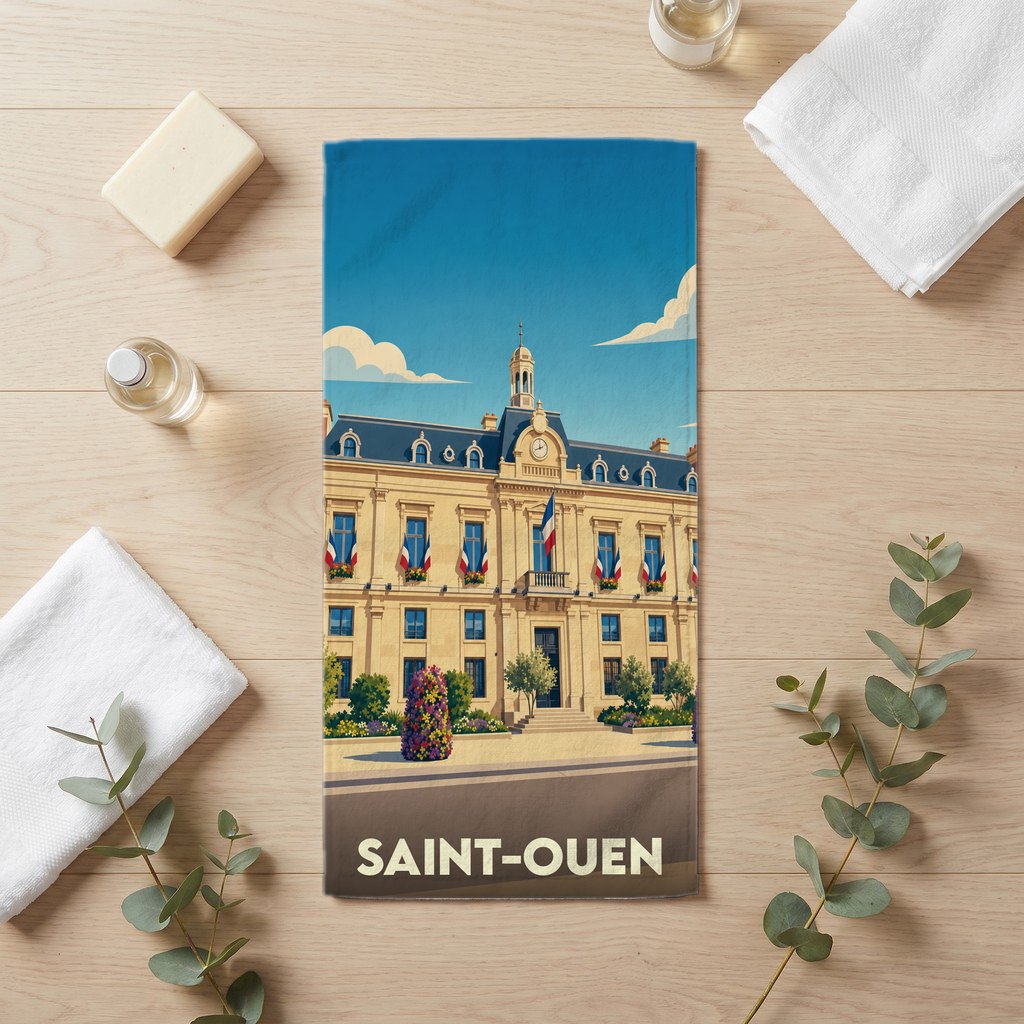 Serviette de bain souvenir de la ville de Saint-Ouen avec une illustration stylisée de l'hôtel de ville.