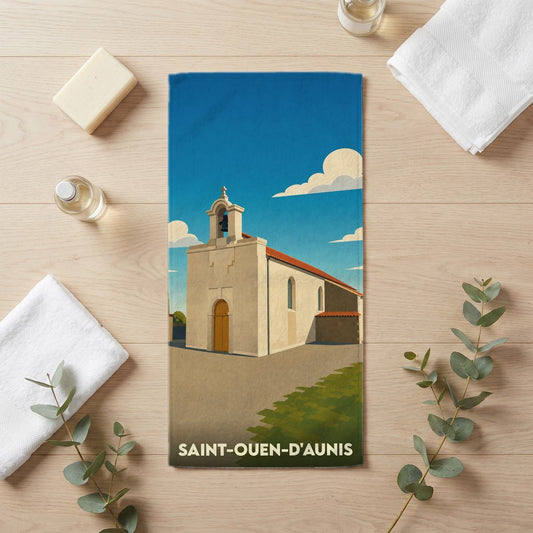 Serviette de bain souvenir de la ville de Saint-Ouen-d'Aunis avec une illustration stylisée de son église.