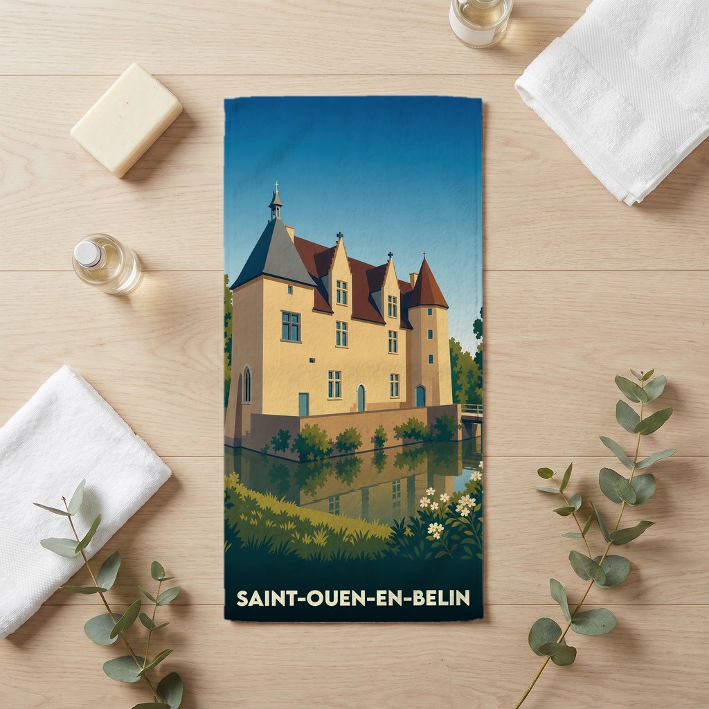 Serviette de bain souvenir de Saint-Ouen-en-Belin illustrée d'un château au bord de l'eau.