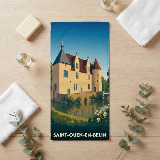 Serviette de bain souvenir de Saint-Ouen-en-Belin illustrée d'un château au bord de l'eau.