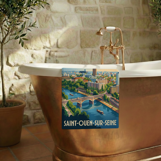 Serviette de bain souvenir de la ville de Saint-Ouen-sur-Seine avec une illustration stylisée.