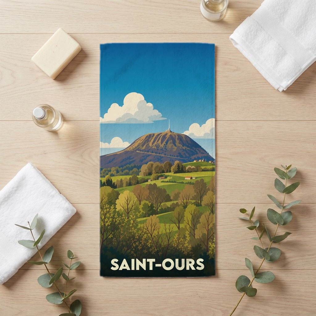 Serviette de bain souvenir de la ville de Saint-Ours avec une illustration stylisée d'un paysage de montagne.