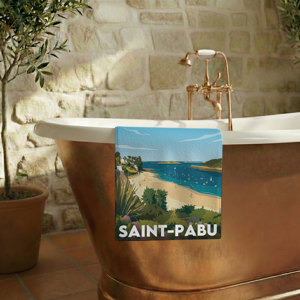 Serviette de bain souvenir de la ville de Saint-Pabu avec une illustration côtière stylisée.