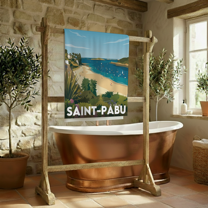 Serviette de bain souvenir de la ville de Saint-Pabu avec une illustration côtière stylisée.